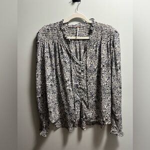 Free People Navy and White Floral Blouse